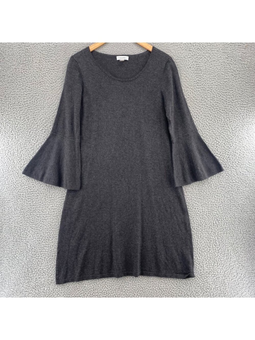 Calvin Klein Dress Womens Large Gray Sweater Shift 3/4 Bell Sleeve Stretch Mini